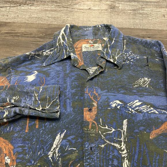 Vintage 60s 70s Fruit Of The Loom‎ Deer Blue Mens L Hunting Button Shirt Novelty - Picture 1 of 8